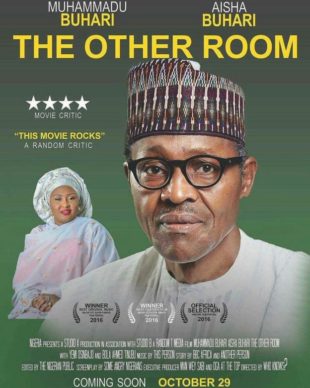picture shows fake Nollywood movie poster of film called The Other Room starring Mr and Mrs Buhari