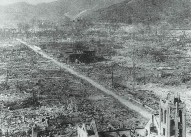 A bombed out landscape in Hiroshima, following the explosion of the first atomic bomb