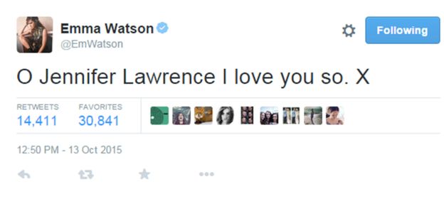 Emma Watson tweeted 'O Jennifer Lawrence I love you so'