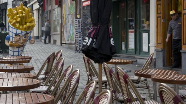 An empty cafe in Brussels, under lockdown after the Paris attacks