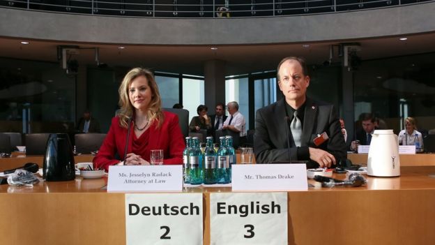 Whistleblowers Jesselyn Radack, ex-US Justice Department ethics attorney, and Thomas Drake, ex-NSA executive, testify at Bundestag, 3 Jul 14