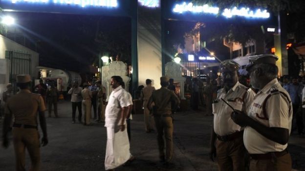 A huge crowd has gathered outside the hospital where she is being treated in Chennai