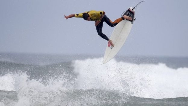 English surfer Reubyn Ash drops in his wave at Casablanca Beach, also known as the Pepsi spot during the World Surf League