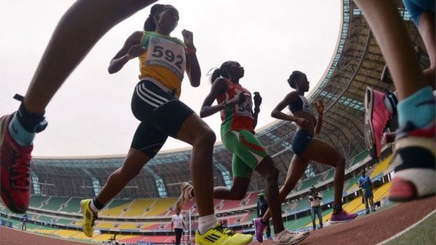 Athletes compete in the half marathon final event in the 11th Africa Games in Brazzaville on September 17, 2015