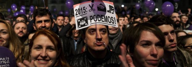 Supporters of the Podemos party wait for official results in Madrid
