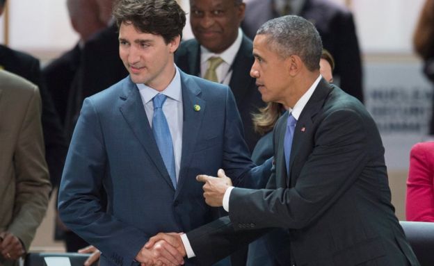 US President Barack Obama (R) shakes hands with Prime Minister of Canada Justin Trudeau (L) - 1 April 2016.
