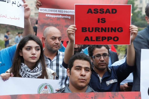Protesters hold up placards as they take part in a sit-in in solidarity with the people of Aleppo, in front of the offices of the UN in Beirut, Lebanon (1 May 2016)