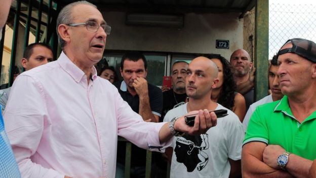 File pic of Sisco Mayor Ange-Pierre Vivoni addressing demonstrators on 17 August