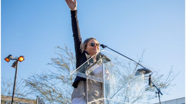 Actress Jodie Foster speaks at the United Voices Rally outside the United Talent Agency in Beverly Hills, California on February 24, 2017.