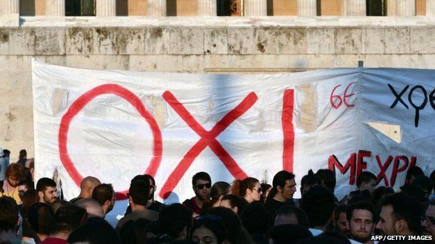 People hold a banner reading "No" in Greek, in front of the Greek parliament in Athens, during an anti-EU demonstration calling for a "No" to any agreement with the creditors,