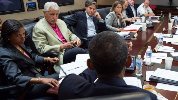Chuck Hagel and Susan Rice with President Obama and other advisers in the White House Situation Room