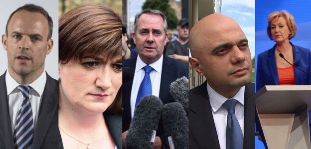 Dominic Raab (left), Nicky Morgan, Liam Fox and Sajid Javid and Andrea Leadsom