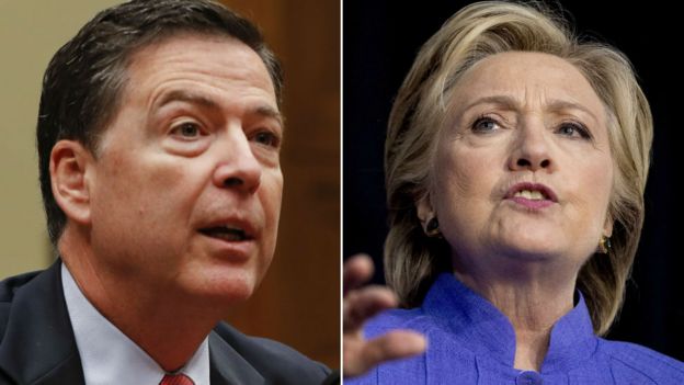 A composite of James Comey and Hillary Clinton