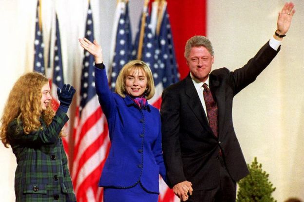 This picture sows the then Arkansas Governor Bill Clinton (right), his wife Hillary (centre) and their daughter Chelsea on 3 November, 1992 in Little Rock, AK.