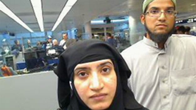 2014 file image of Tashfeen Malik, left, and Rizwan Farook, as they passed through O'Hare International Airport in Chicago