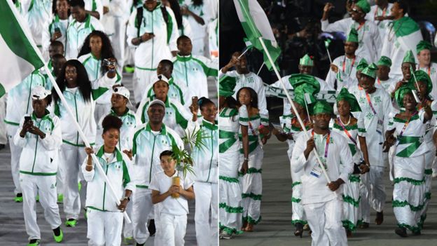 Nigeria team at opening ceremony in Rio 2016, left and London 2012, right