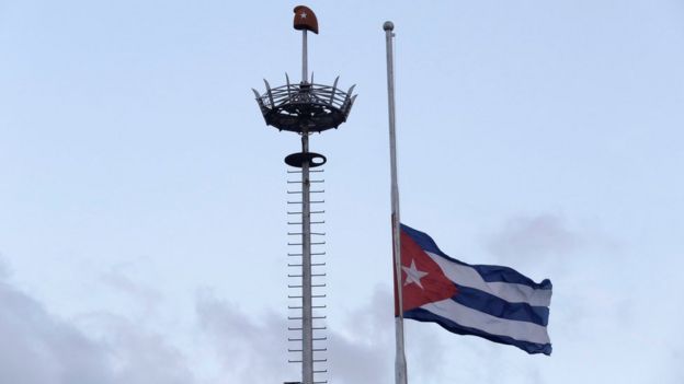 The Cuban flag flies at half mast in Revolution Square in Havana