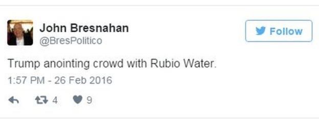 Tweet from John Bresnahan: Trump anointing crowd with Rubio water