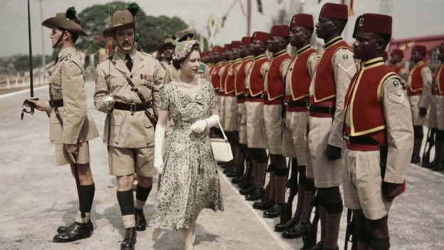 Queen Elizabeth II inspects men of the newly-renamed Queen's Own Nigeria Regiment, Royal West African Frontier Force, at Kaduna Airport, Nigeria, during her Commonwealth Tour, 2nd February 1956.