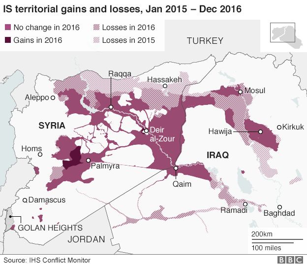 Map showing IS territorial gains and losses, January 2015 to December 2016