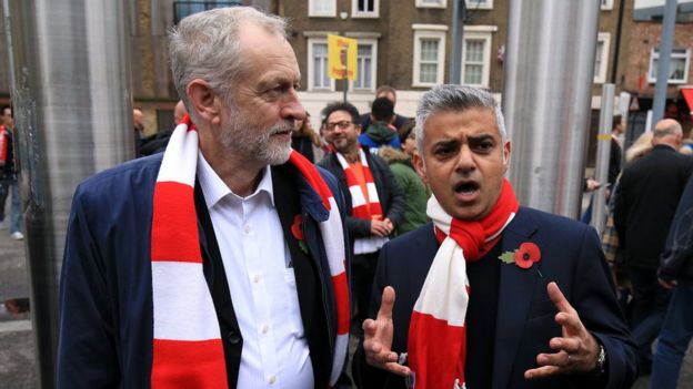 Sadiq Khan and Jeremy Corbyn at the Arsenal v Tottenham Hotspur game in November 2015