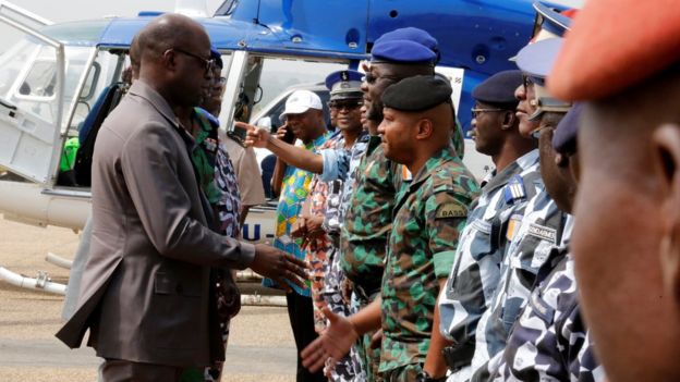 Defence Minister Alain-Richard Donwahi meeting soldiers in Bouake