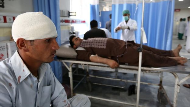 Wounded Afghans are treated in hospital after a Taliban-claimed suicide attack in Kabul, Afghanistan, Tuesday, on 19 April 2016