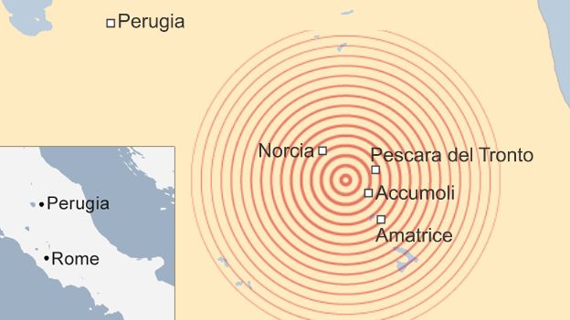 Map showing towns affected by the earthquake and their proximity to Perugia and Rome