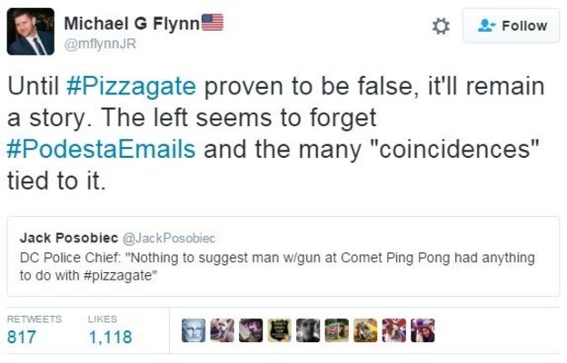 Tweet: Until #Pizzagate proven to be false, it'll remain a story. The left seems to forget #PodestaEmails and the many 