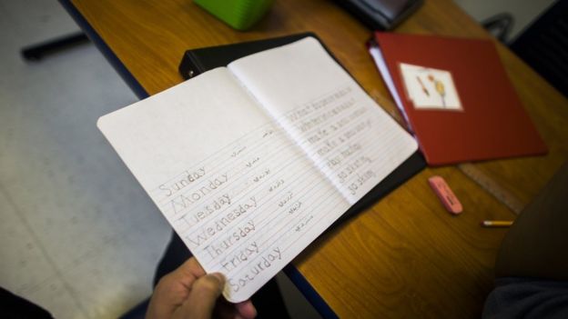 A writing book shows words written in English and Arabic by a Syrian refugee during English lessons at the Loyola School of Adult and Continuing Education in Bellville, Ontario, Canada, Wednesday January 20, 2016