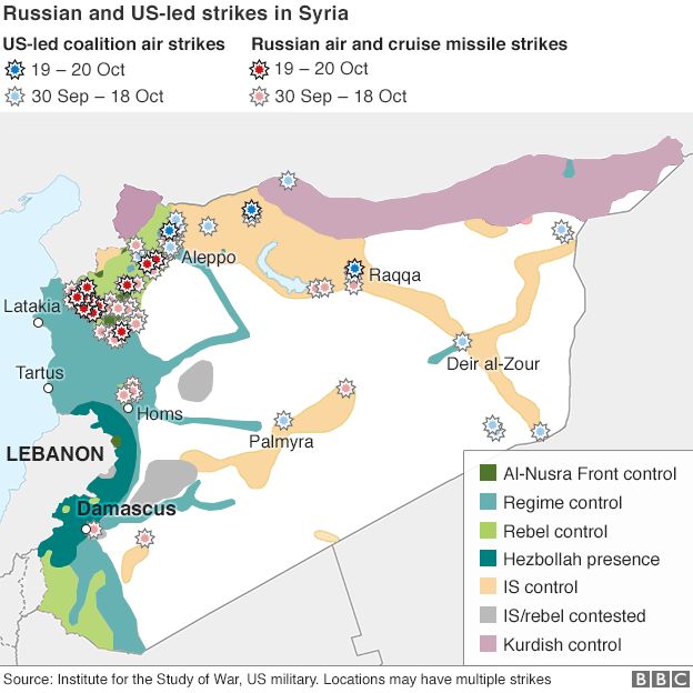 Map showing Russia and US-led coalition air strikes - 22 October 2015