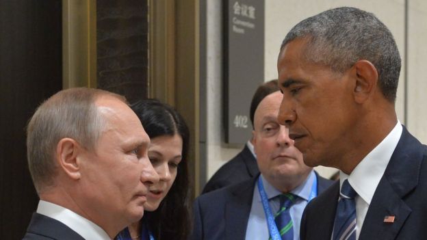 Russian President Vladimir Putin at US President Barack Obama at the G20 summit in China last September