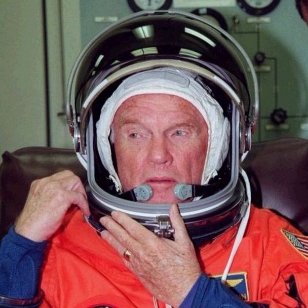 John Glenn preparing to board the space shuttle, Discovery in 1998