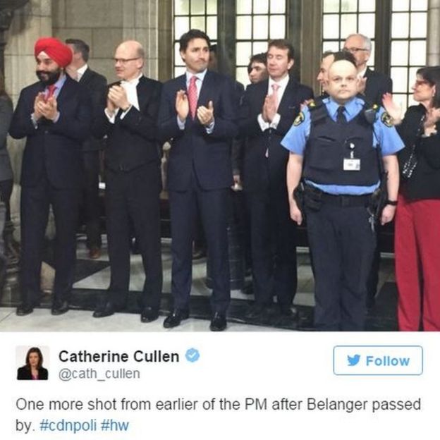 Trudeau tearing up as Belanger passes by