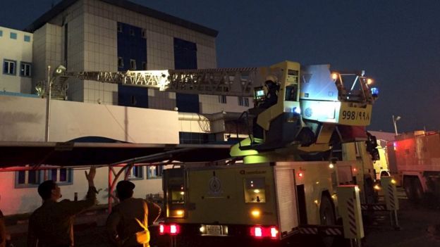 Saudi emergency services at the scene of a hospital blaze