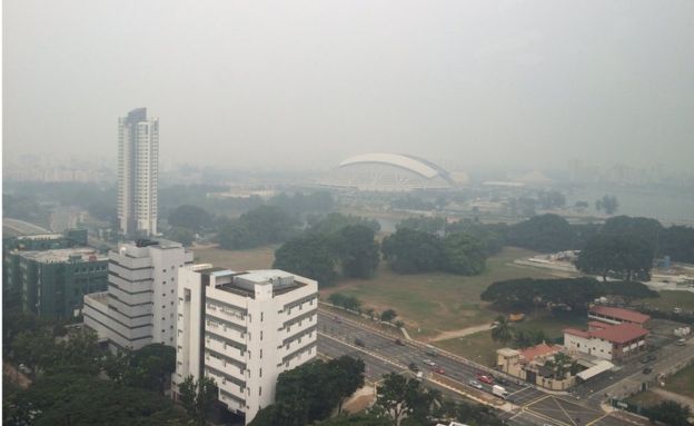 Singapore's National Stadium, barely visible from the BBC's studios in Singapore