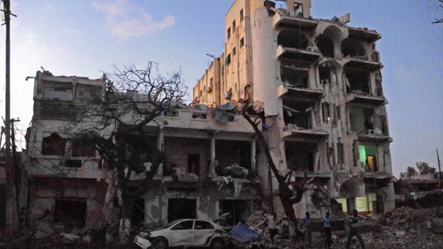 Scene of bomb attack on Ambassador Hotel in Mogadishu on 1 June 2016