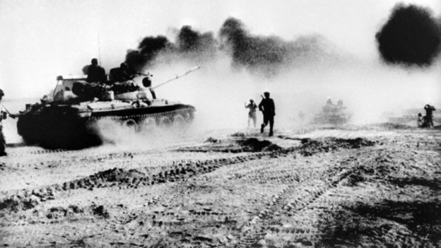 Iraqi troops riding in Soviet-made tanks trying to cross the karun river Northeast of Khorramshahr