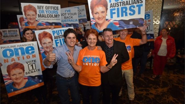 Pauline Hanson at her election headquarters in Queensland