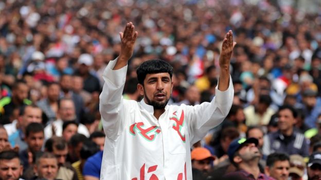 Followers of Shiite cleric Muqtada al-Sadr protest outside the heavily guarded Green Zone in Baghdad