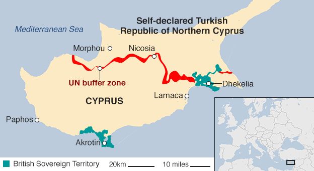 Map of Cyprus showing the Turkish and Cypriot sides