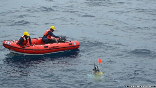 Scientists checking the instruments submerged in the sea