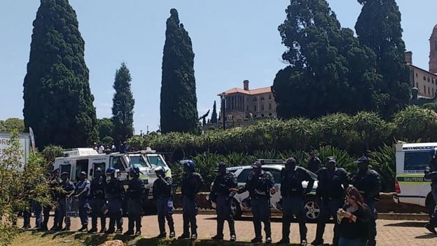 Riot police outside the Union Buildings in Pretoria, South Africa