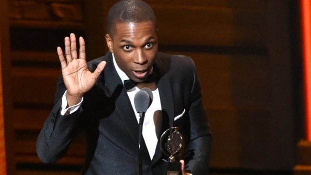Leslie Odom Jr. accepts the award for leading actor in a musical for Hamilton, at the Tony Awards at the Beacon Theatre on 12 June