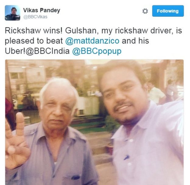 BBC Pop Up's Vikas Pandey tweets selfie with autorickshaw driver Gulshan. Text: 