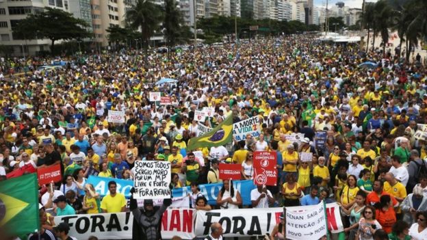 Anti-corruption demonstrators along Copacabana beach in Rio de Janeiro