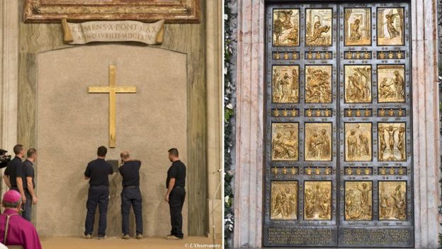 Workers reveal Holy Door of St Peter's Basilica. composite image