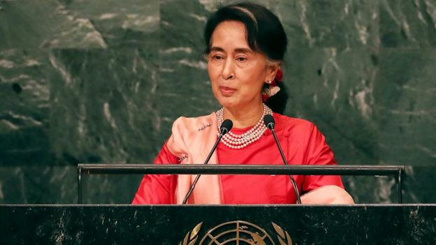 Myanmar's de facto leader Aung San Suu Kyi addresses the General Assembly at the United Nations in New York City, 21 September 2016
