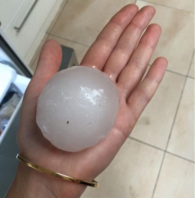 An image supplied by NSW SES Sutherland Shire of palm-sized hail stones