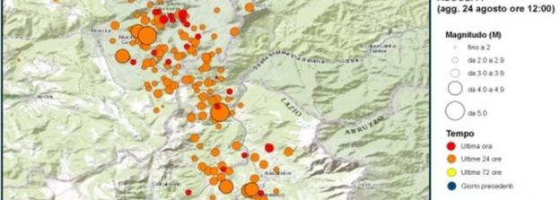 A map from Italy's national geophysics institute showed the large number of aftershocks on Wednesday
